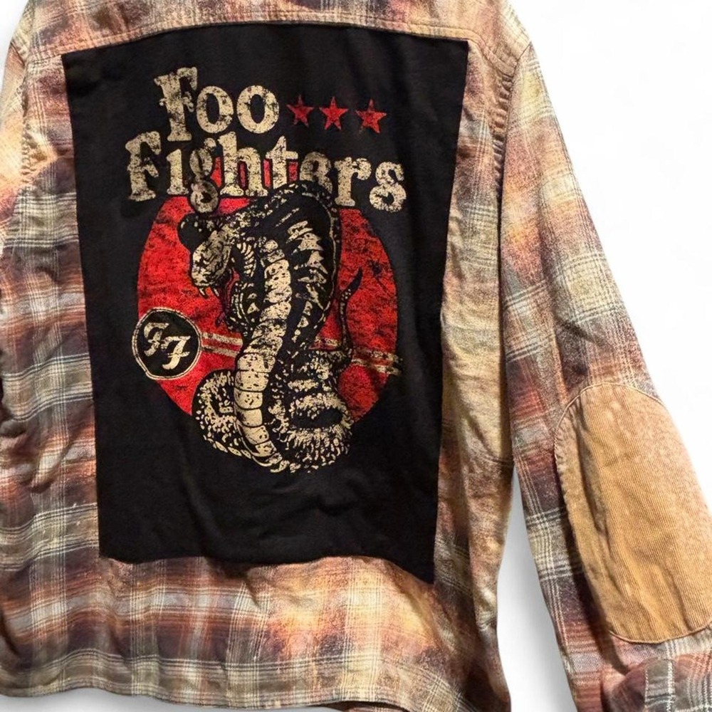 RARE Upcycled distressed Alpha Khaki Dockers flannel shirt Foo Fighters XL